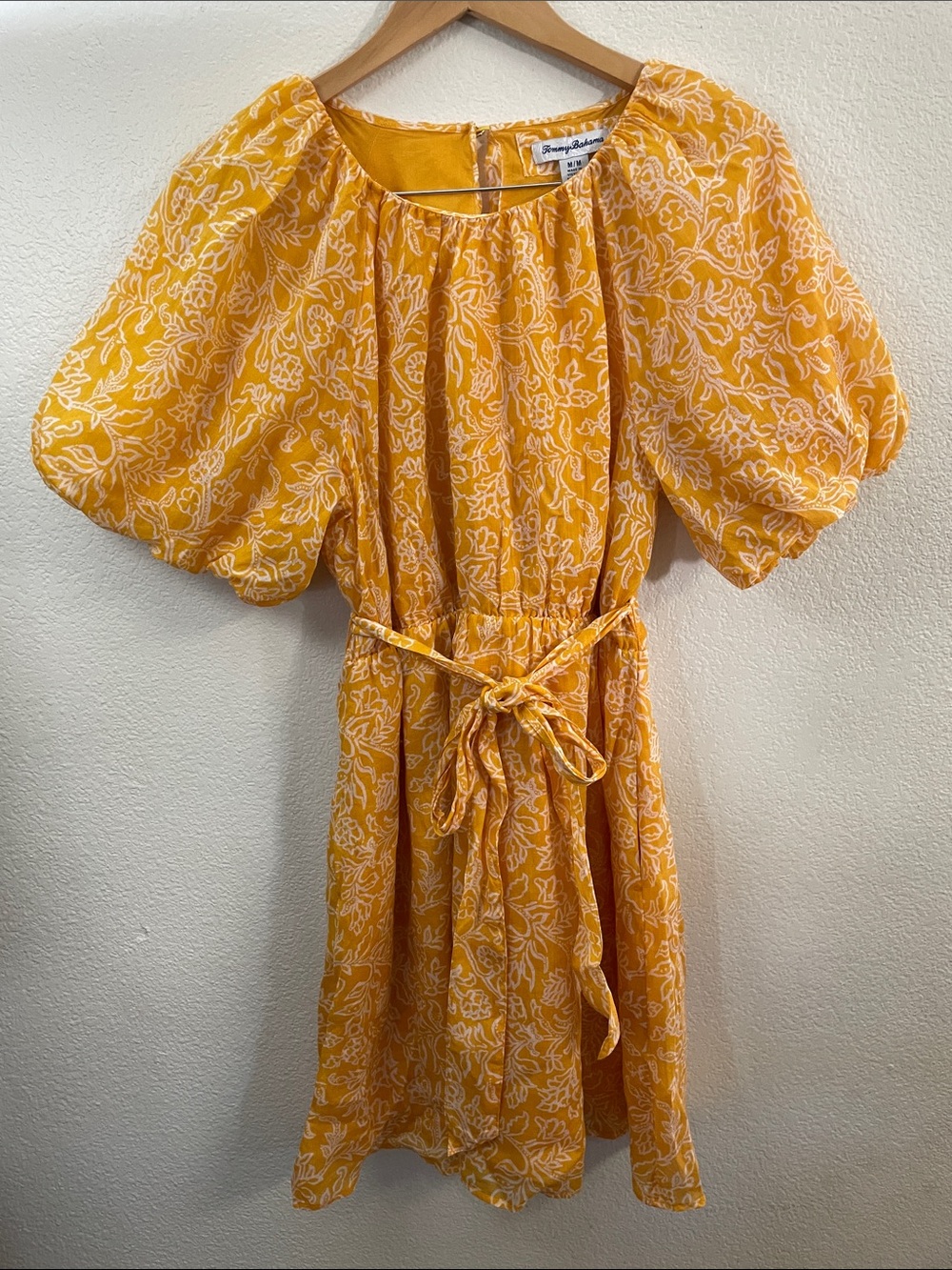 Tommy Bahama Yellow Floral Puff-Sleeve Tie-Waist Dress pockets lined M 20x27
